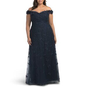 TERI JON Navy Butterfly Applique 3d Lace And Tulle Off The Shoulder Gown